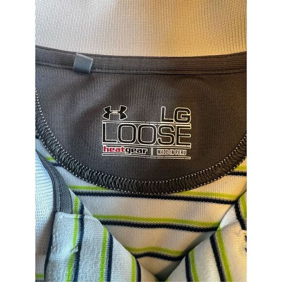 UNDER ARMOUR Heatgear Loose Golf Shirt Size L White Green Blue Stripes polo - Picture 7 of 7